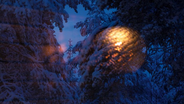 Un paysage enneigé, illuminé par un lampadaire.
