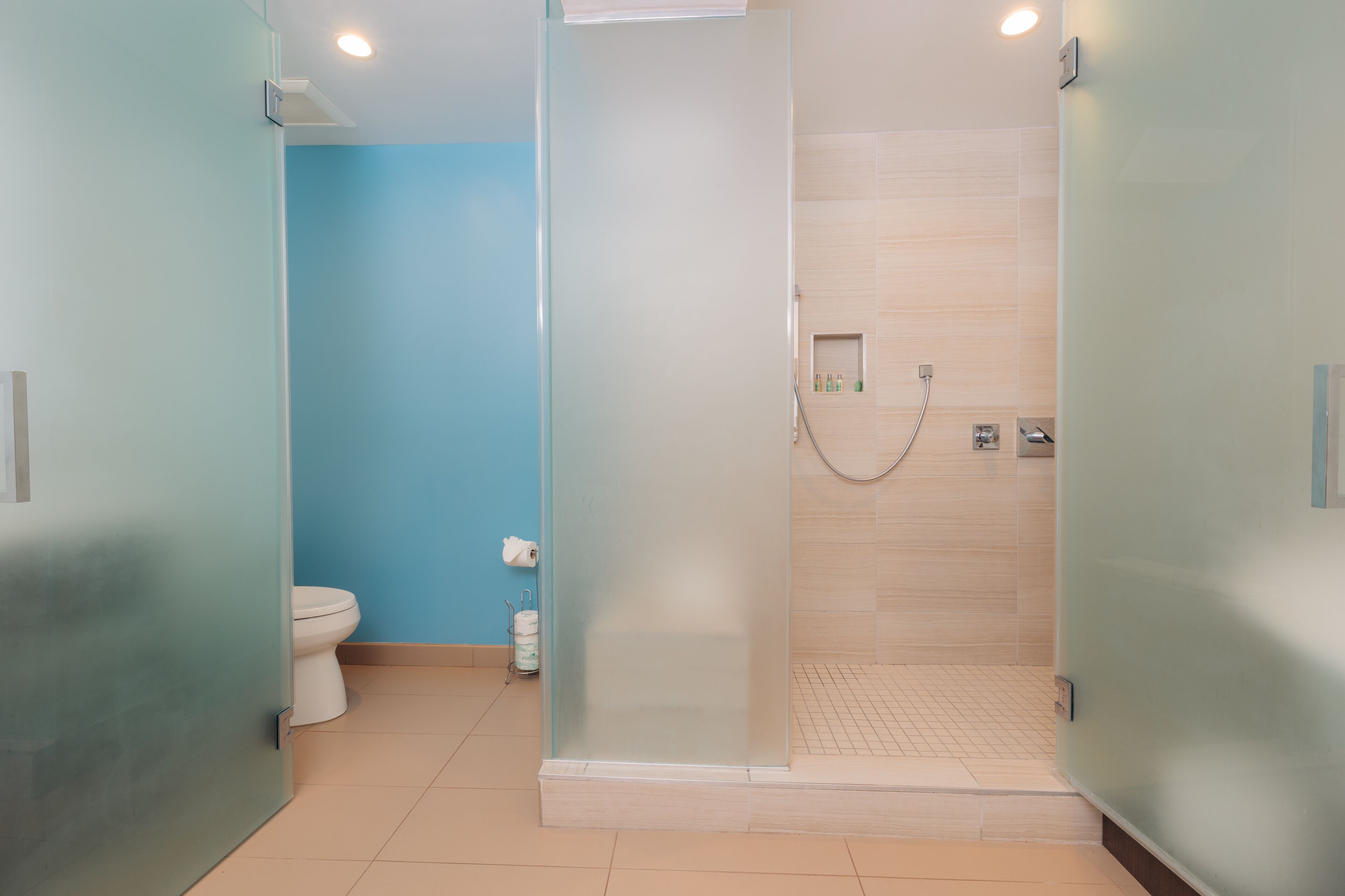 shower, rainfall showerhead, designer toiletries, hair dryer