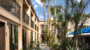 A courtyard with a pathway, palm trees, and a building with balconies. - The Cove Hotel, Long Beach (Long Beach)