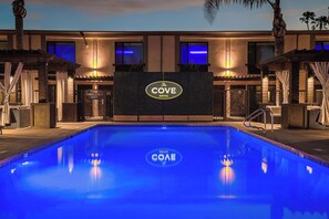 Outdoor pool, open 9:00 AM to 9:00 PM, free cabanas, pool umbrellas