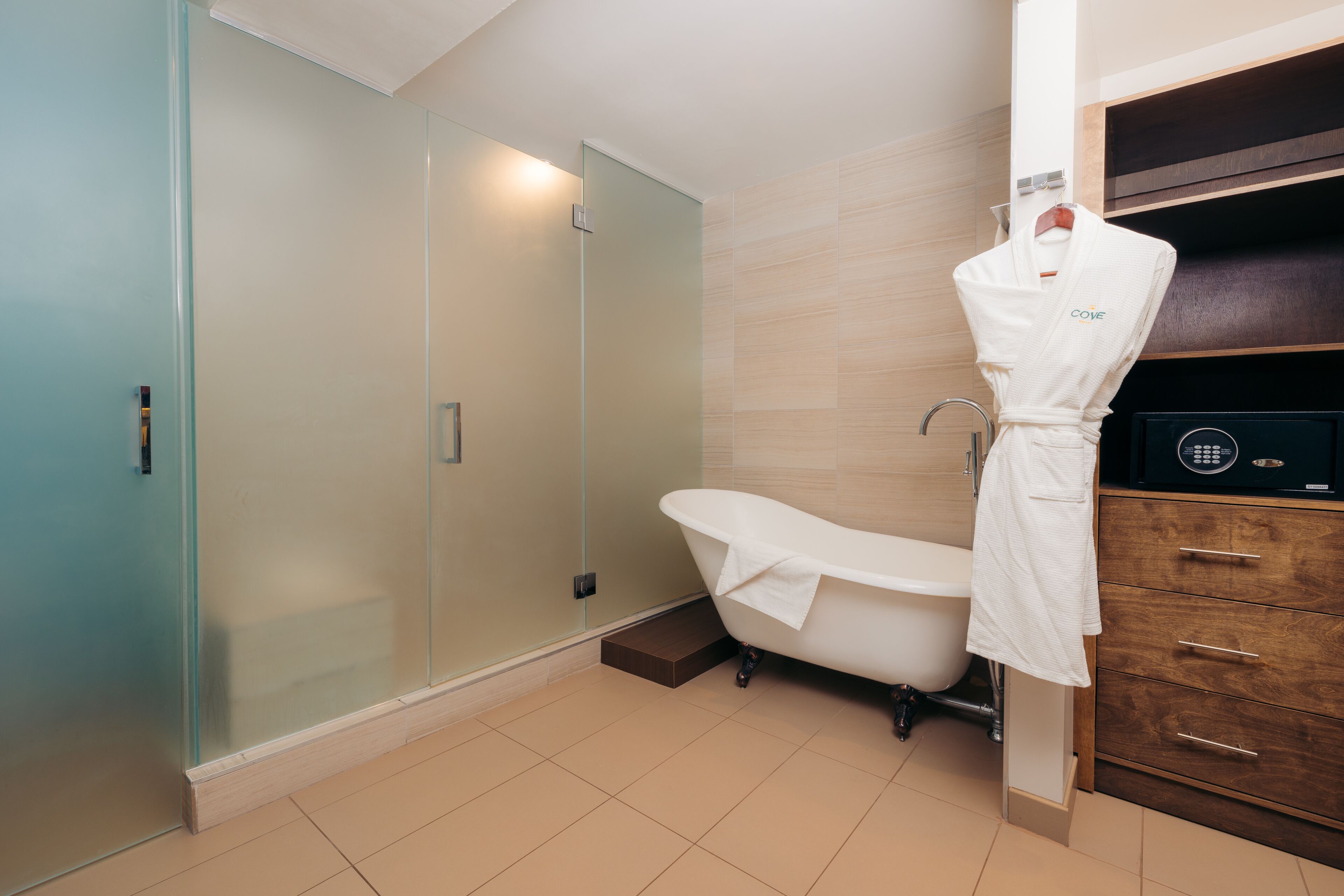 shower, rainfall showerhead, designer toiletries, hair dryer