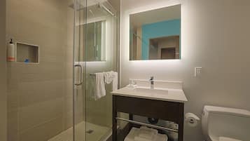A modern bathroom with a glass shower enclosure, a white sink with a mirror above, and a toilet.