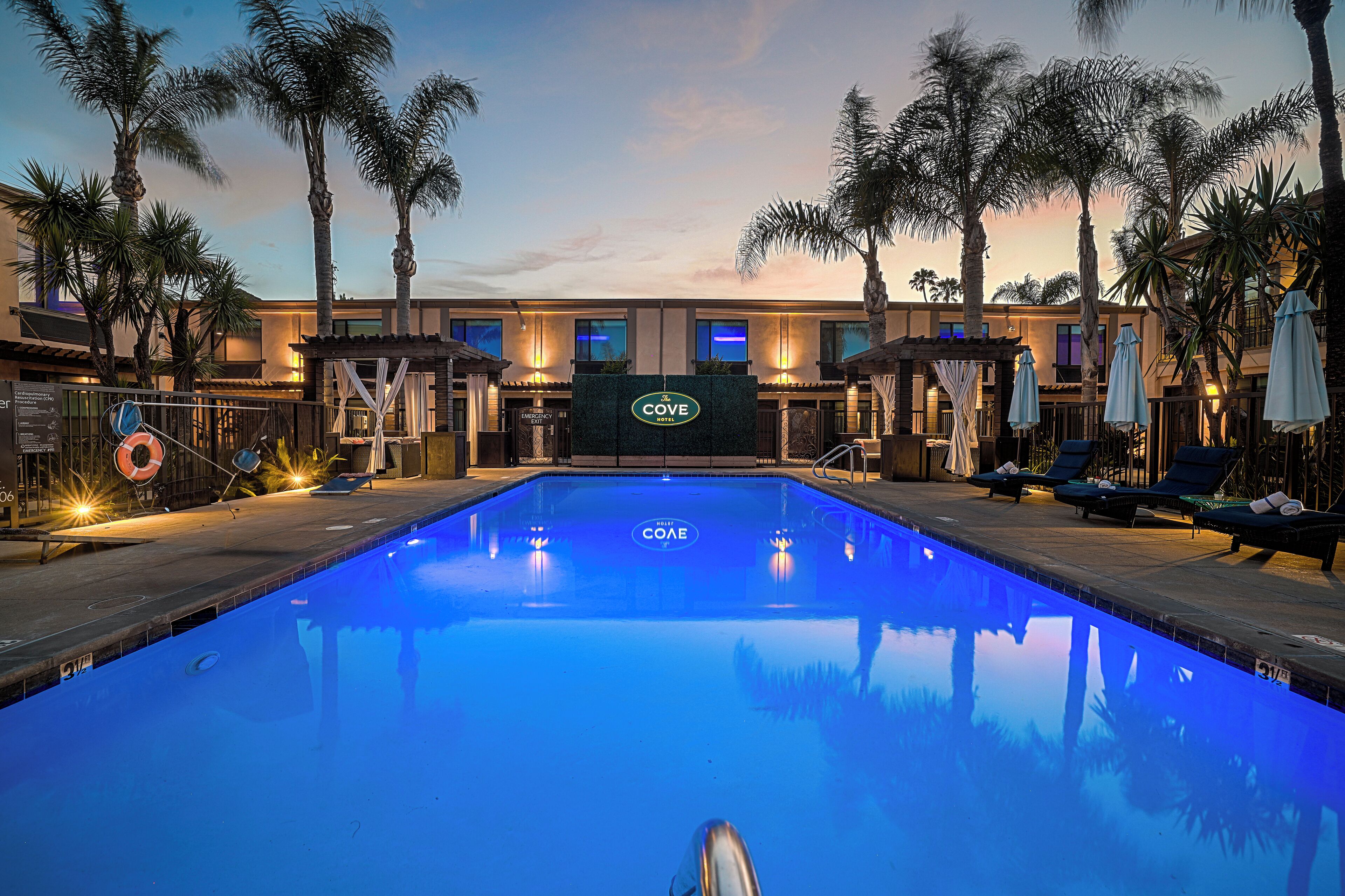 A pool area with a sign reading "COVE" and palm trees around.