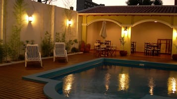Outdoor pool, pool umbrellas, pool loungers