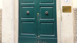 A green double door with a metal grille above it, set in a beige wall. - Home in Florence (Florence)