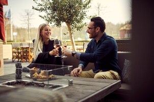 Una pareja brindando con copas de vino en una mesa al aire libre, junto a una vitrina de vidrio, en un ambiente de comedor informal.