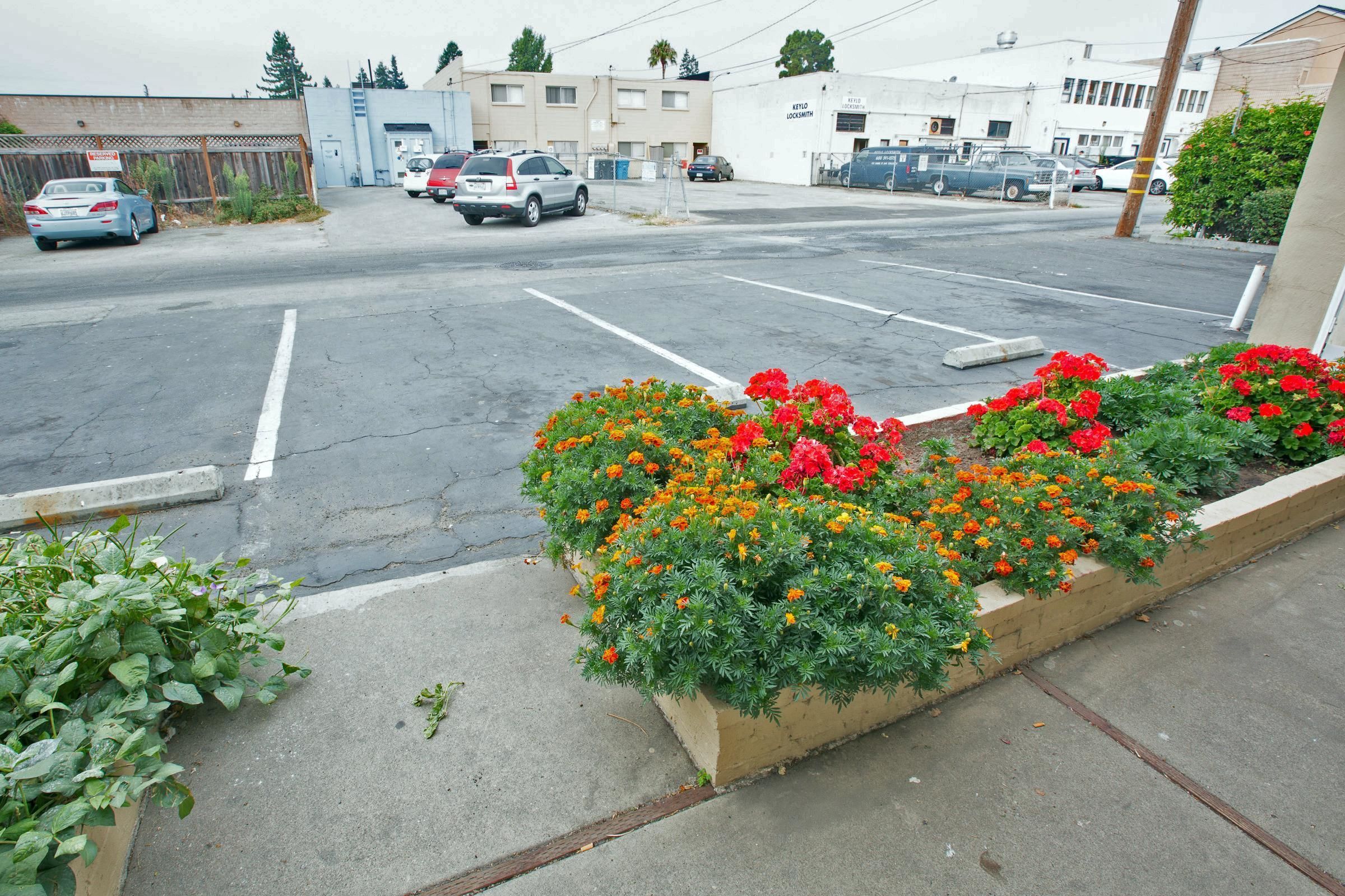 A parking lot with several cars and a flower bed with red and orange flowers.