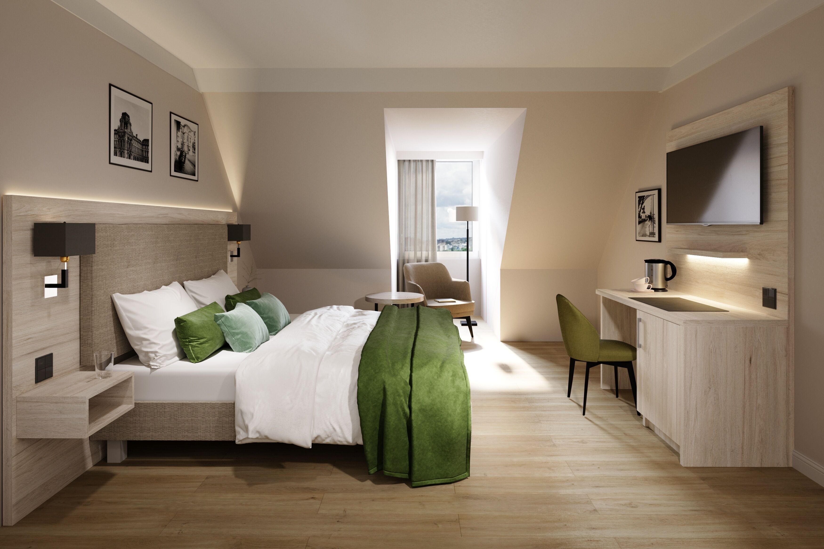 Safe på rommet, individuelt dekorert, individuelt innredet og skrivebord