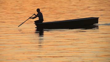 A person rowing a boat on calm water during sunset.