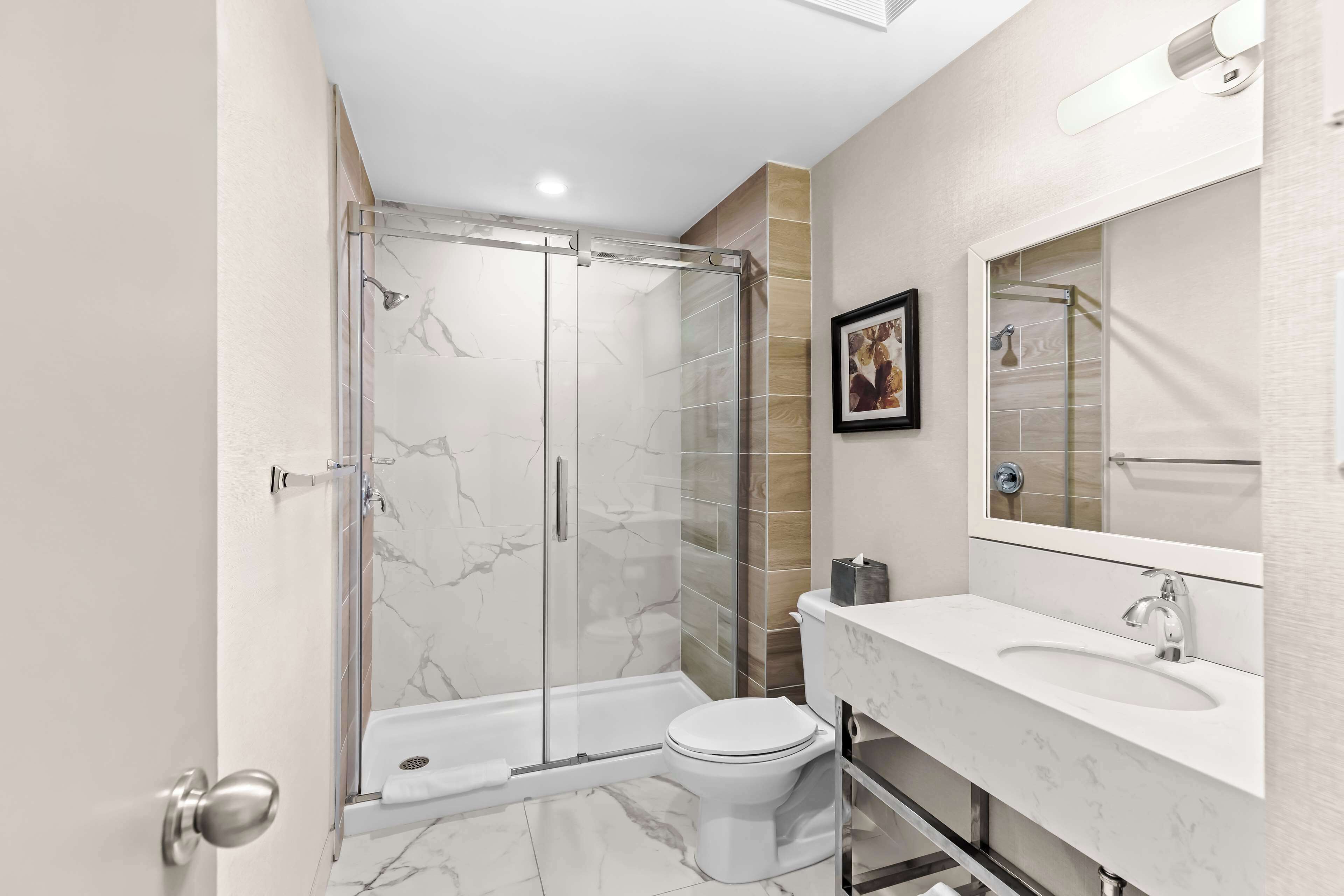 combined shower/bathtub, hair dryer, towels