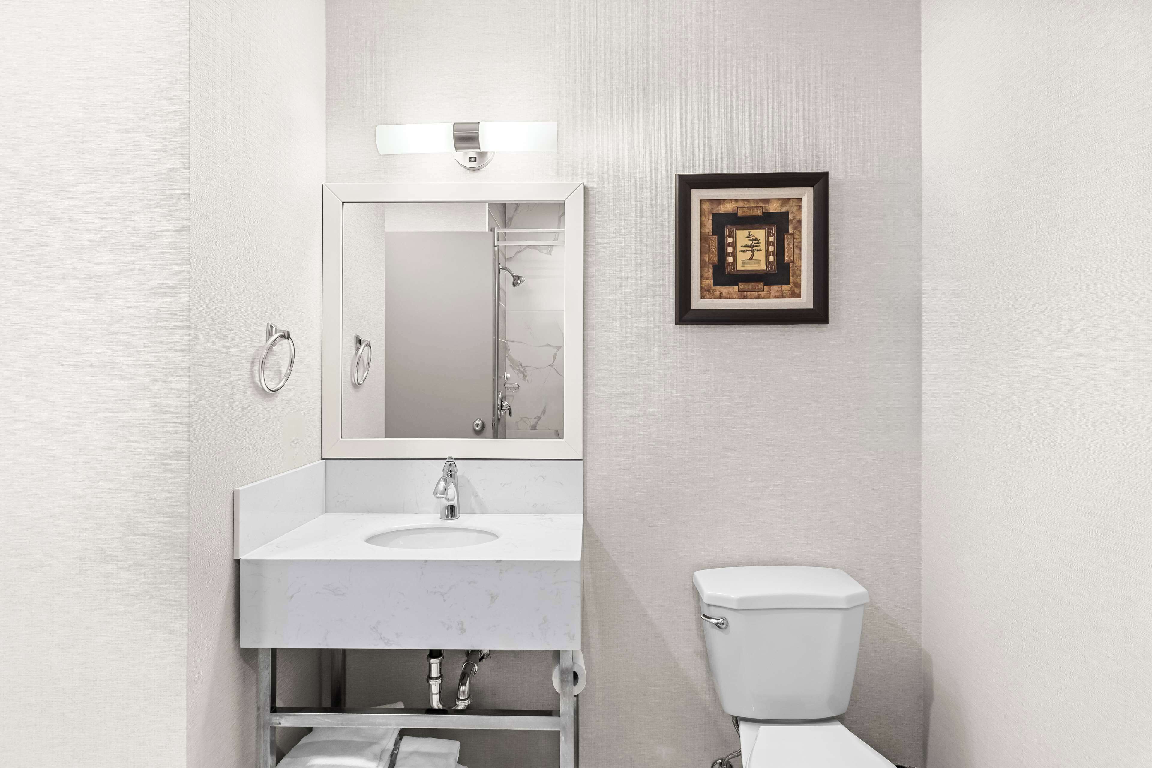 combined shower/bathtub, hair dryer, towels