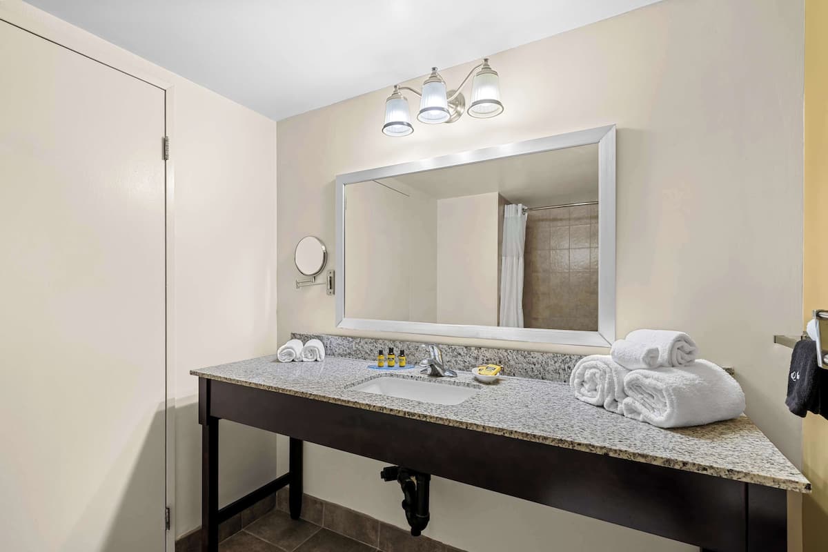 combined shower/bathtub, deep-soaking bathtub, free toiletries