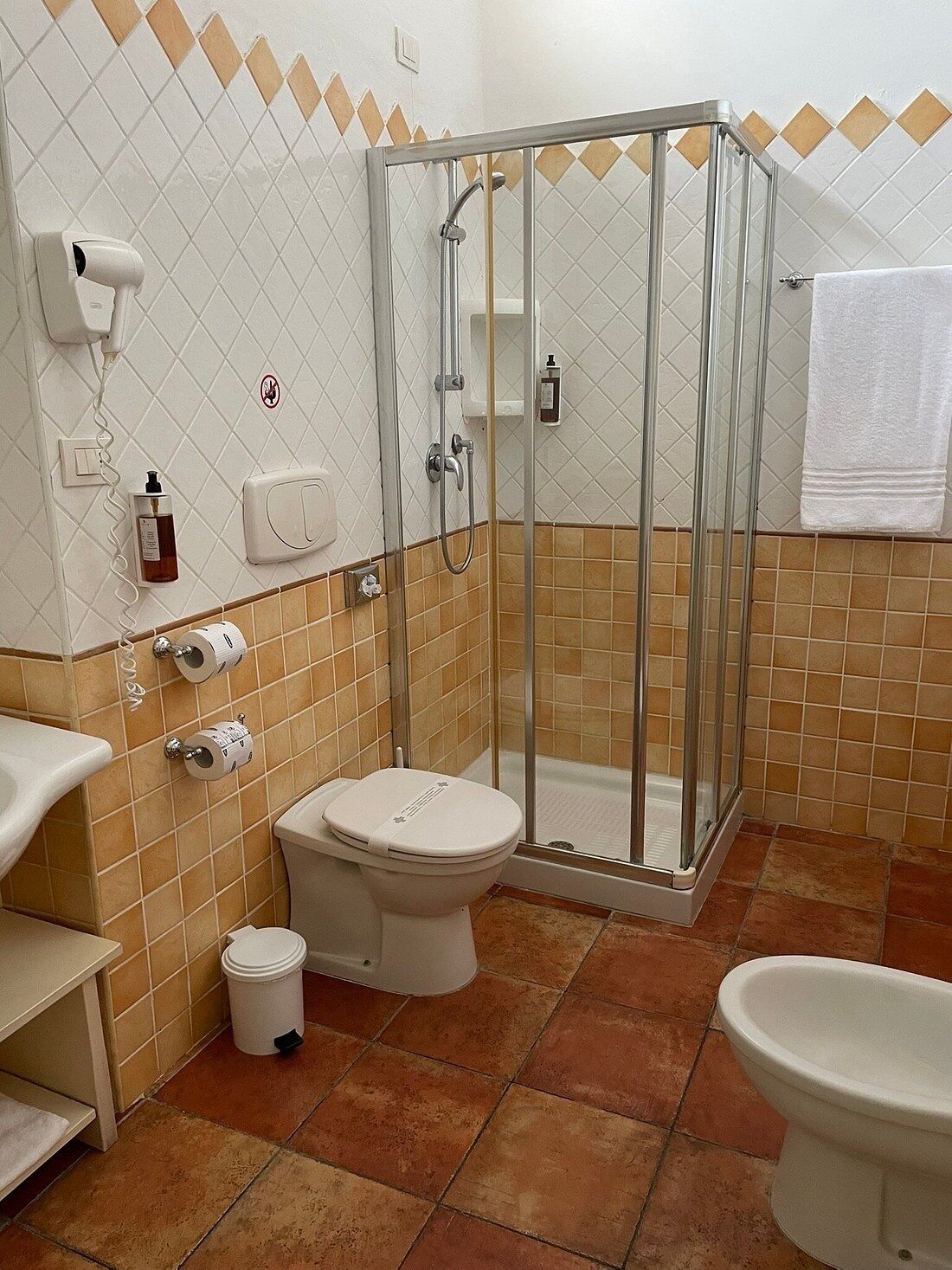 Een badkamer met een douche met glazen wand, een toilet, een wastafel en een bidet.