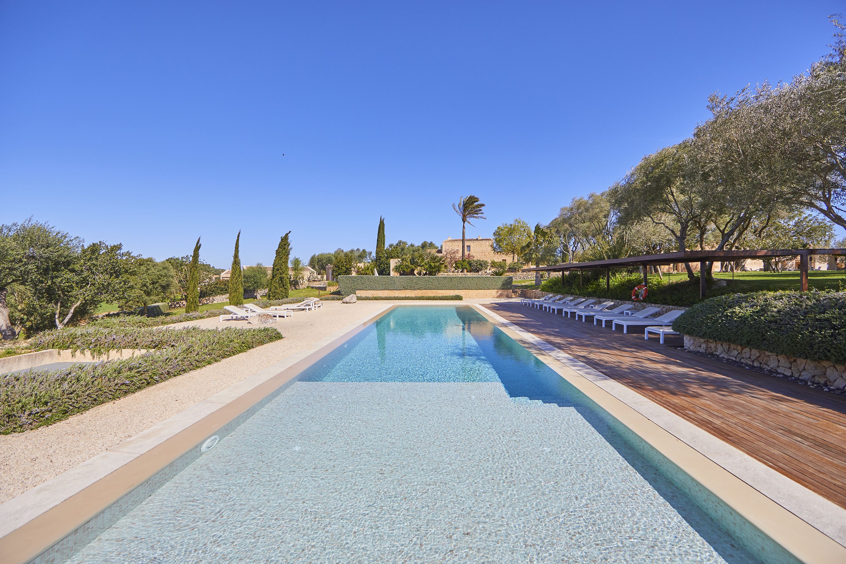 Una piscina rectangular con agua cristalina, rodeada por una terraza de madera y sillas reclinables blancas.