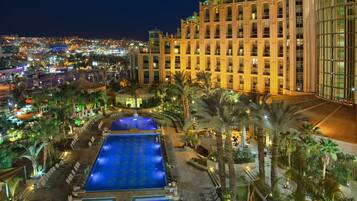 Outdoor pool, pool umbrellas, pool loungers