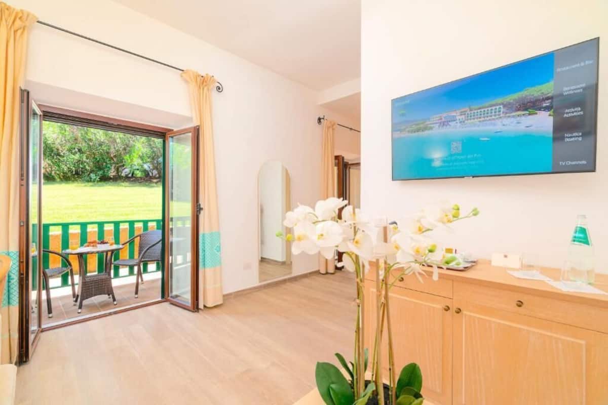 Ein Hotelzimmer mit einer Schiebetür zum Balkon, einem Holzschrank, einem an der Wand befestigten Fernseher und einem Topf mit einer Orchidee.