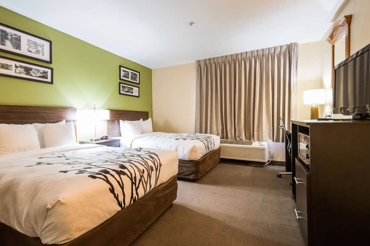 Habitación de hotel con dos camas, un escritorio, un televisor y un ventanal con cortinas.