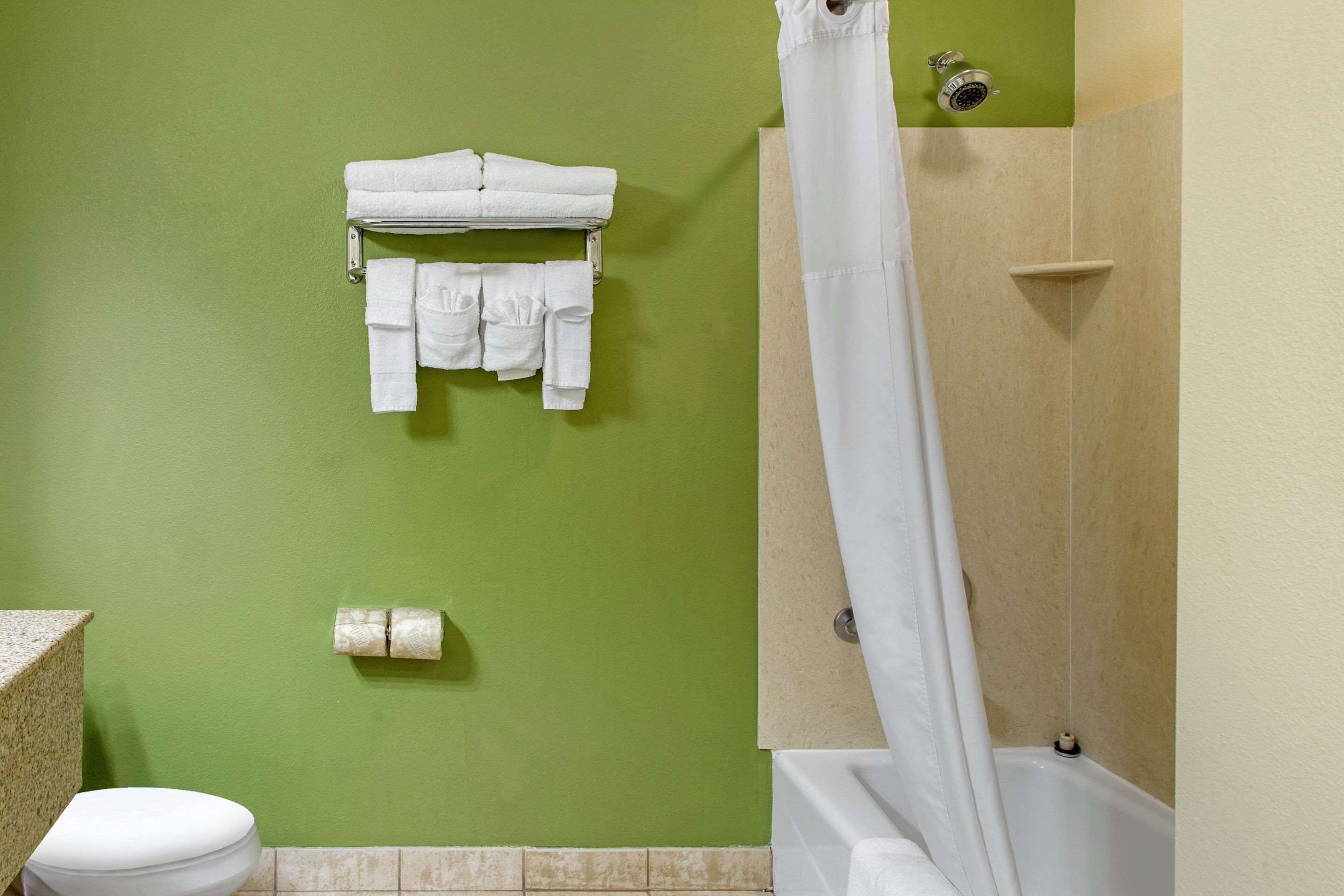 Un baño con paredes verdes, un inodoro blanco, un toallero con toallas dobladas, un dispensador de papel higiénico y una zona de ducha con cortina.