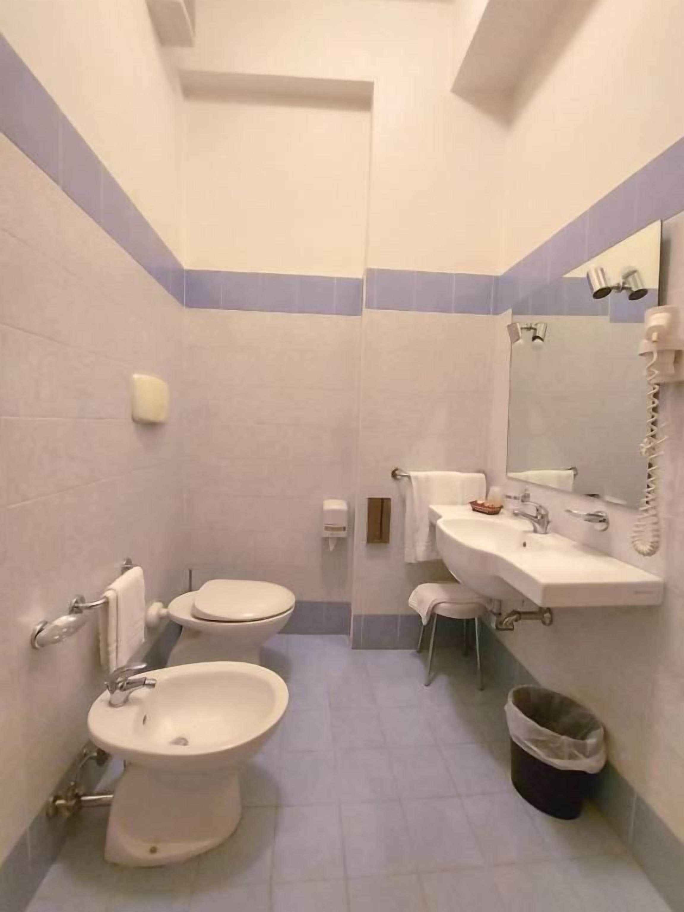 Une salle de bain équipée de toilettes, d’un bidet, d’un lavabo et d’un miroir.