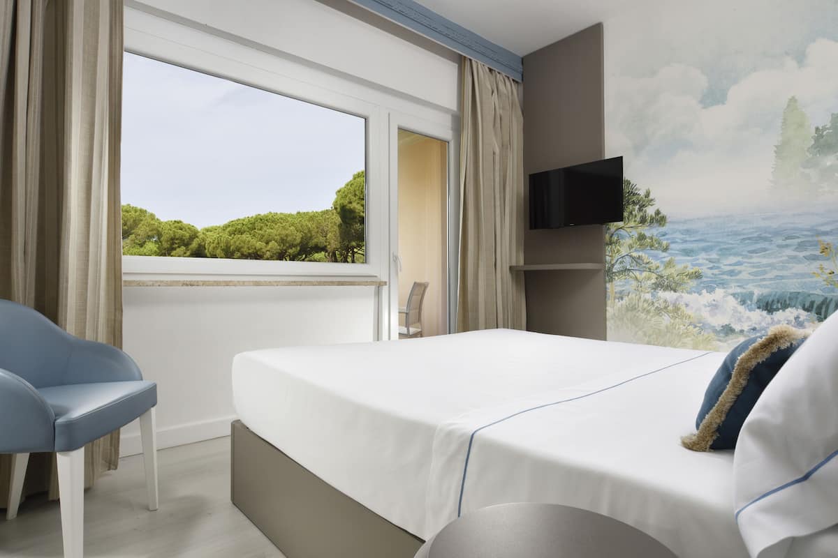 Habitación de hotel con cama, una silla, televisión y ventana con vista a árboles y un cuerpo de agua.