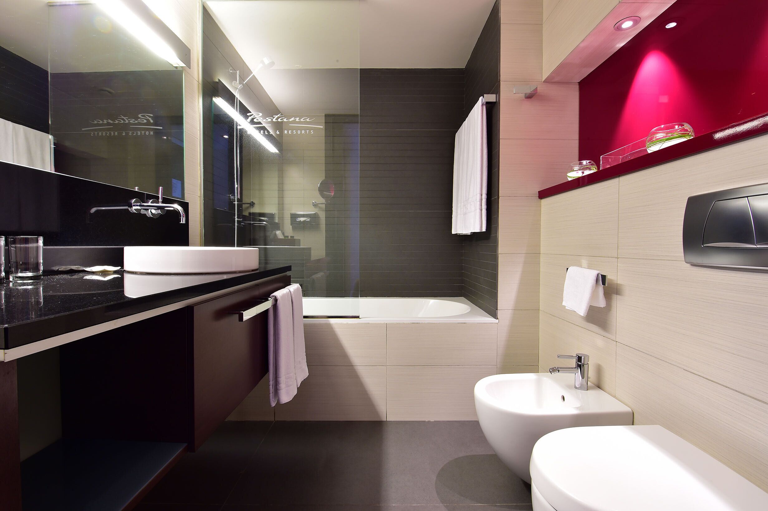 free toiletries, hair dryer, bidet, towels