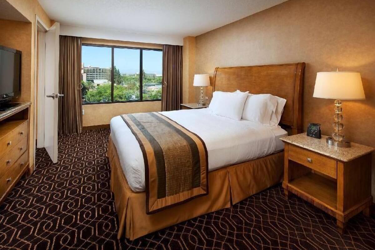 A hotel room with a large bed, two bedside lamps, a TV, and a view of the city.
