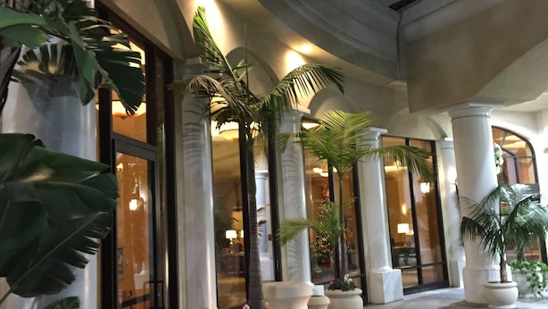 En hotelindgang med store søjler, plantekasser og en buet sti til dørene.
