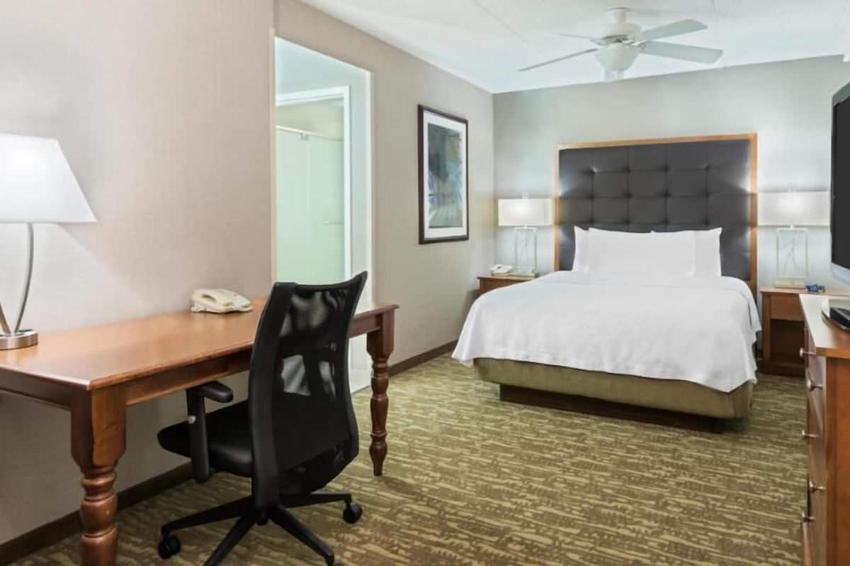 Une chambre d’hôtel comprenant un lit, un bureau, une chaise, deux lampes de chevet, un téléphone, un ventilateur de plafond et un tableau encadré au mur.