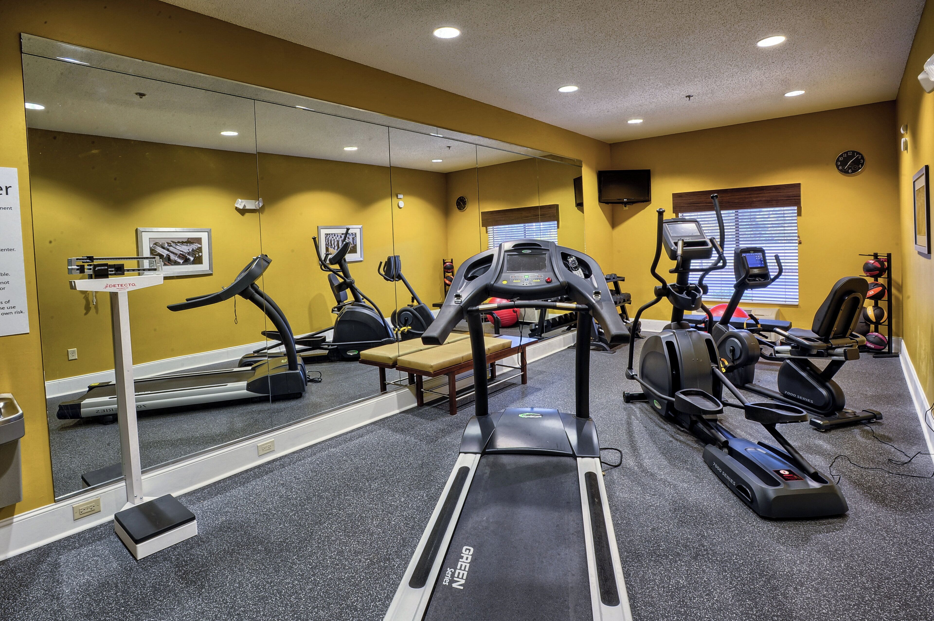 Une salle de sport équipée de divers appareils d’exercice, notamment des tapis de course, des vélos d’appartement et un rameur.