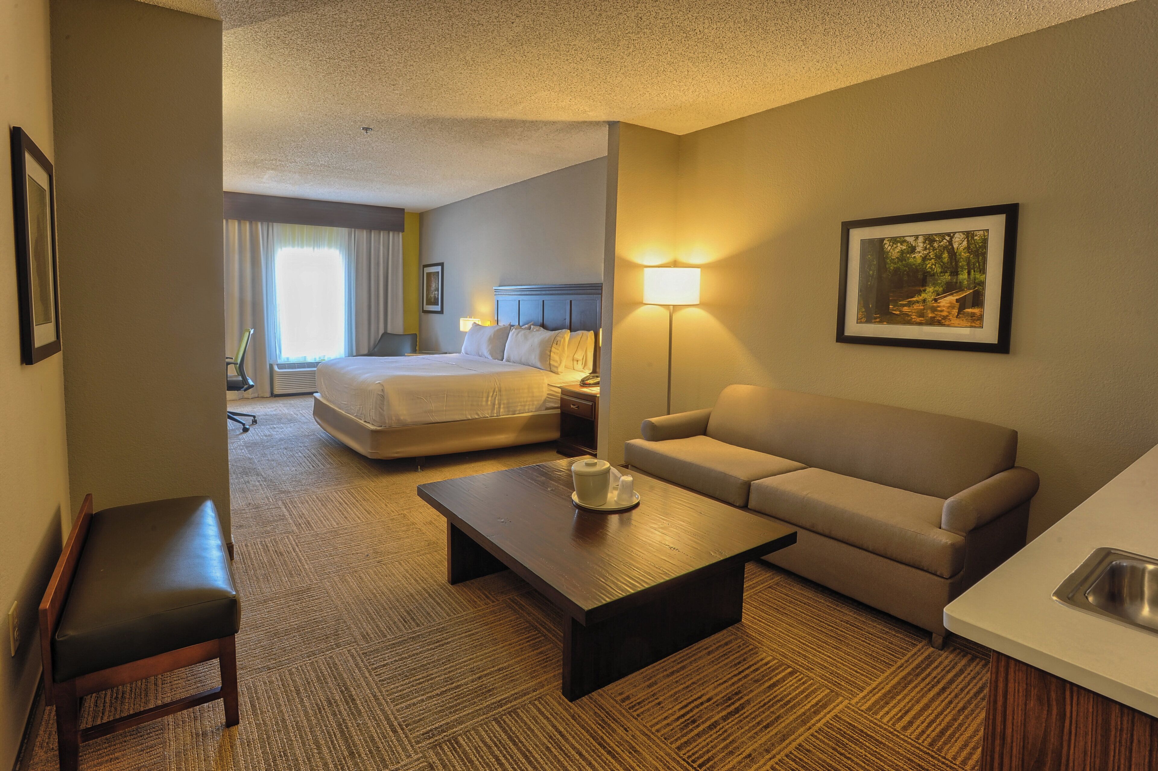 A hotel room with a bed, a sofa, a coffee table, a chair, a desk, and a picture on the wall.