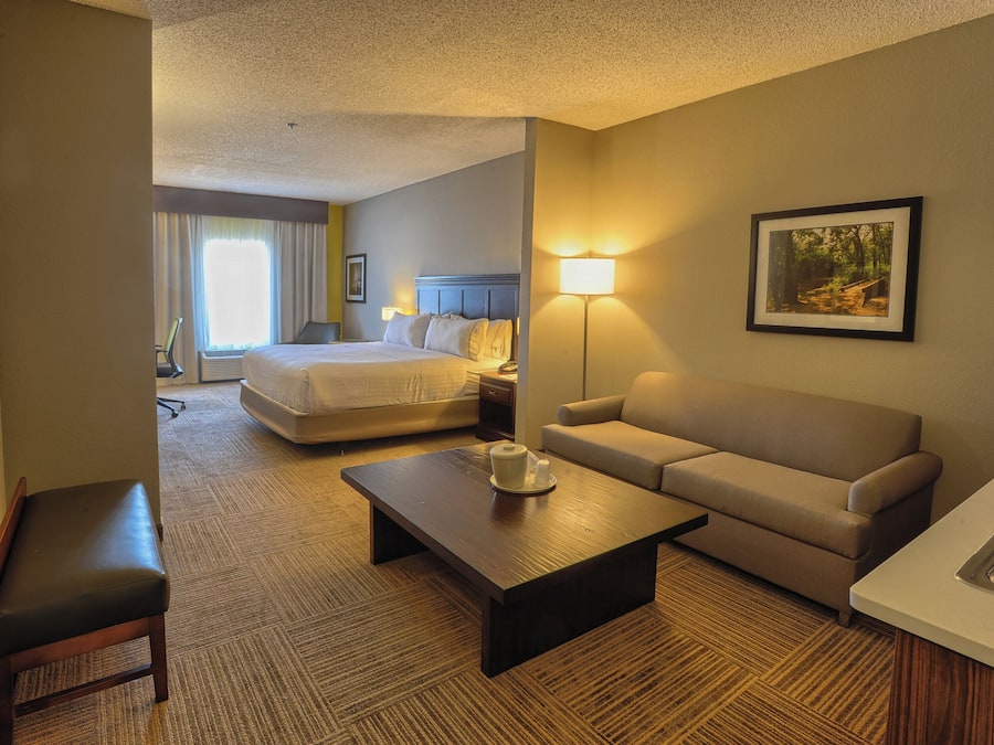 Een hotelkamer met een bed, een bank, een salontafel, een stoel, een bureau en een schilderij aan de muur.