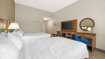 Habitación de hotel con dos camas, un escritorio con televisor, un espejo y una lámpara.