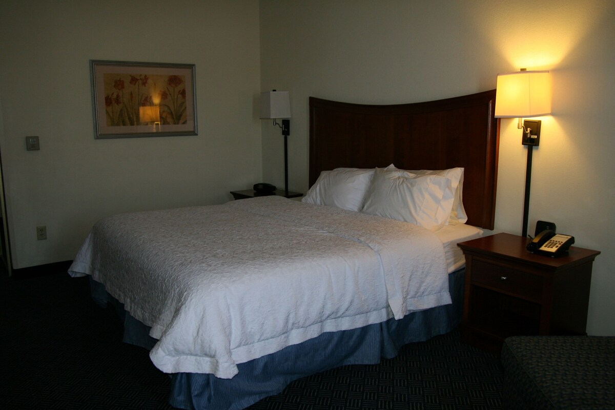 A hotel room with a large bed, a bedside table with a lamp, a framed picture on the wall, and a telephone on the table.