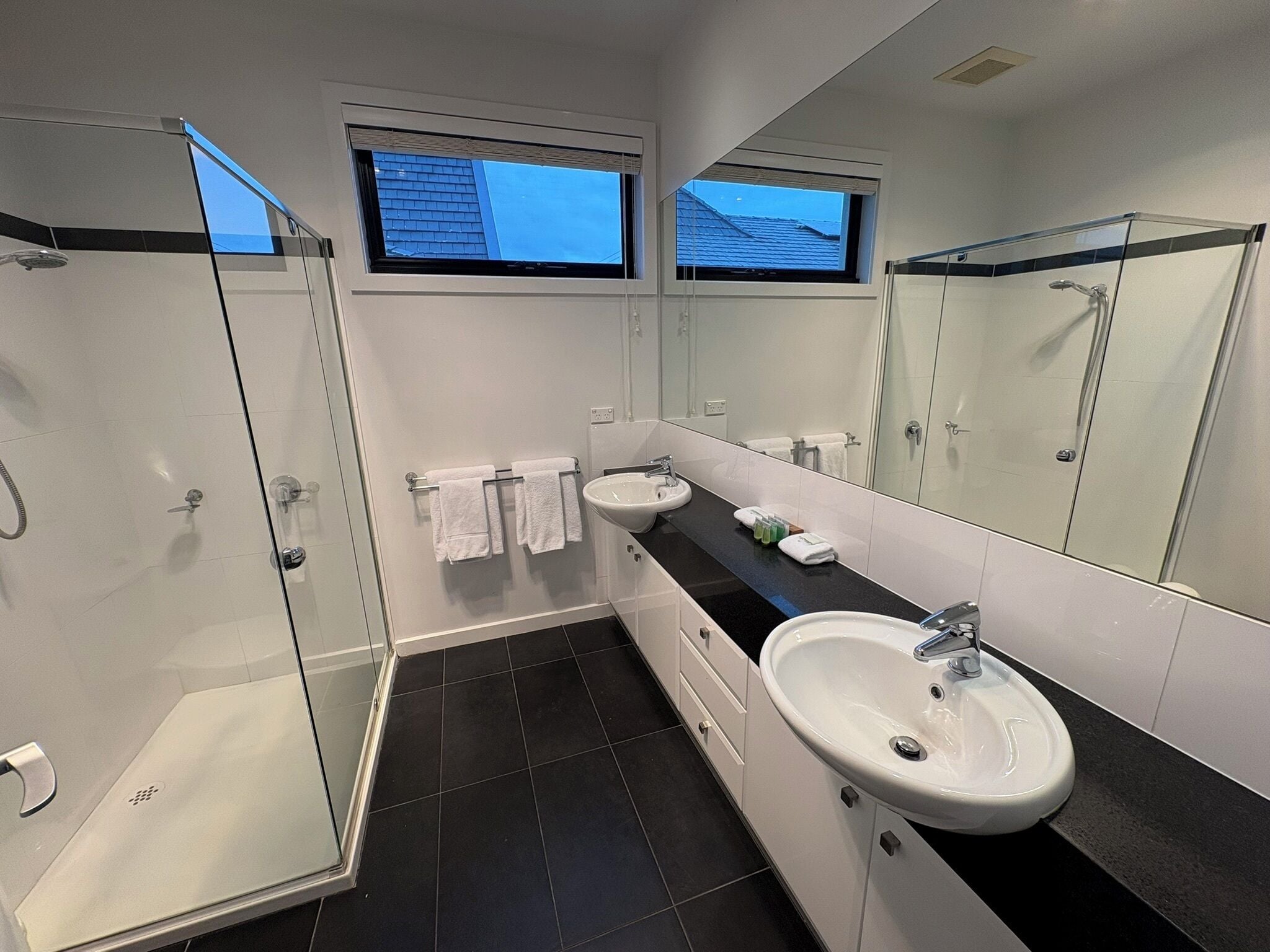 A modern bathroom with a glass shower enclosure, a white sink, and a large mirror.