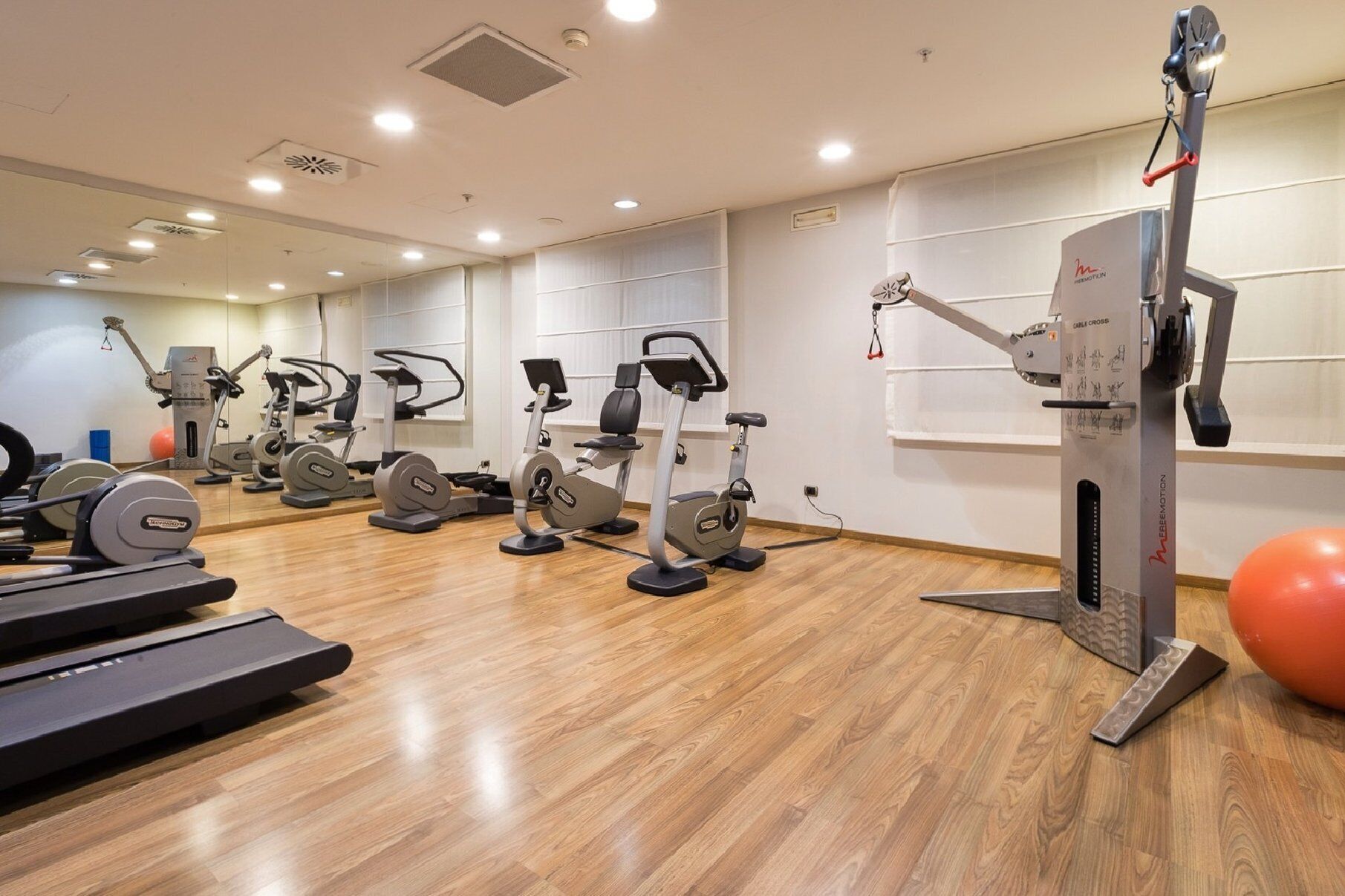 Un gimnasio con máquinas de cardio, una cinta de correr y pelotas de ejercicio.