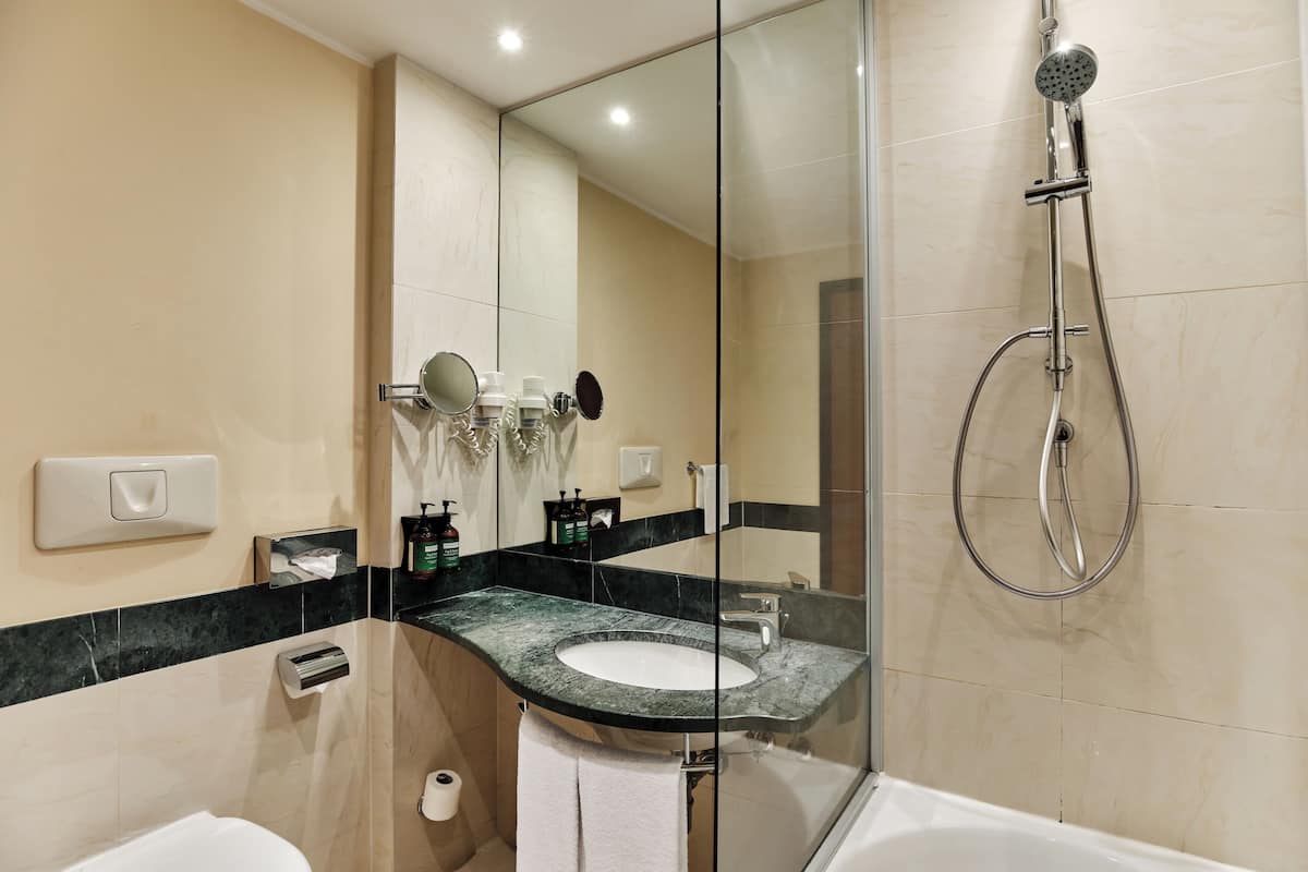 hair dryer, bidet, towels, soap