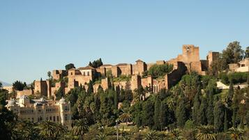 A historic fortress with multiple towers and walls, surrounded by lush greenery and palm trees.