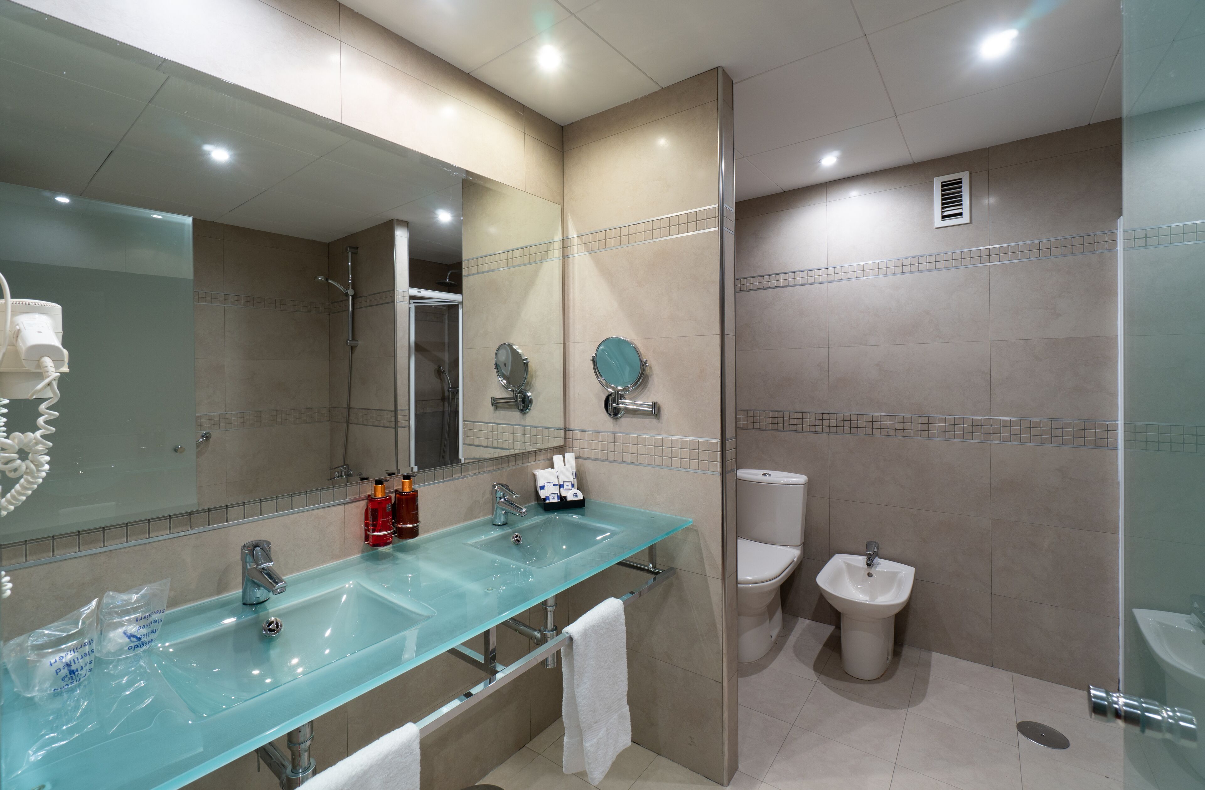 designer toiletries, hair dryer, bidet, towels