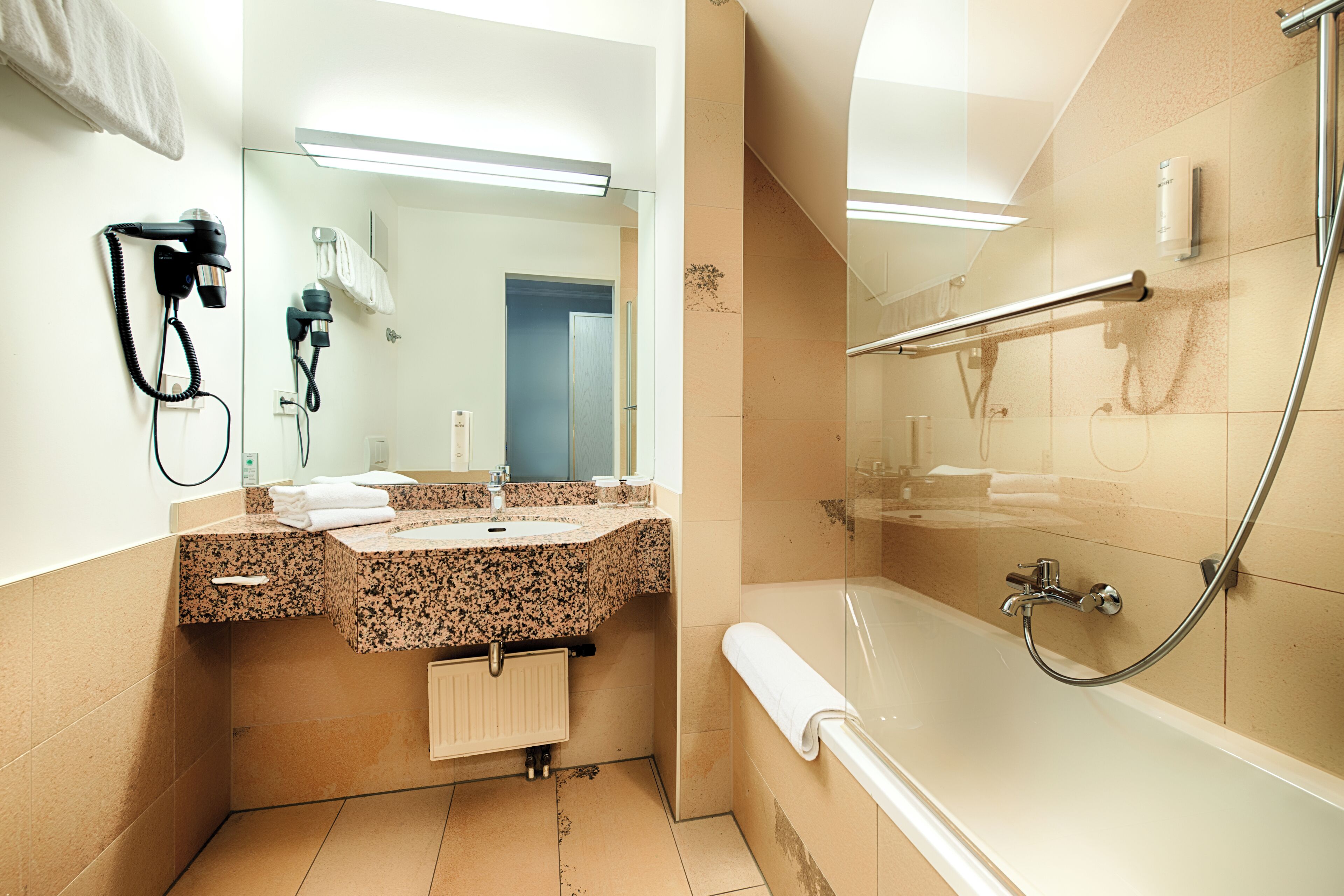 shower, eco-friendly toiletries, hair dryer, towels