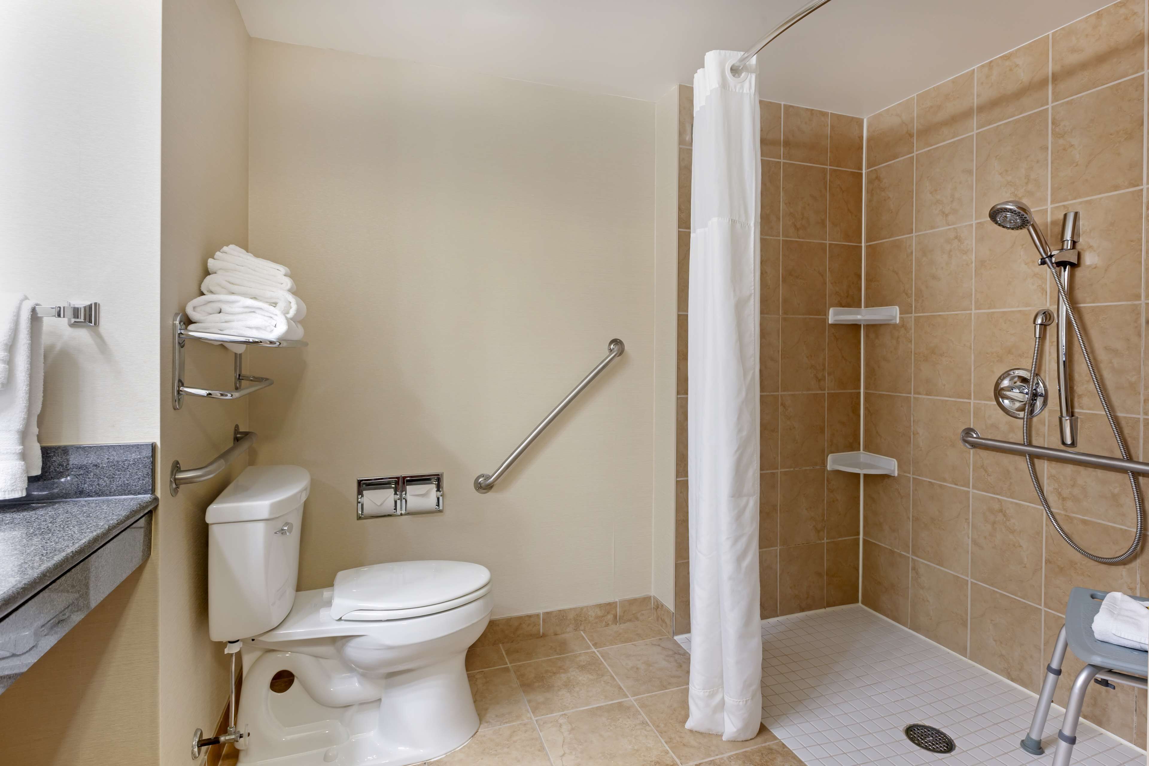 A bathroom with a toilet, a shower with a grab bar, and a towel rack.