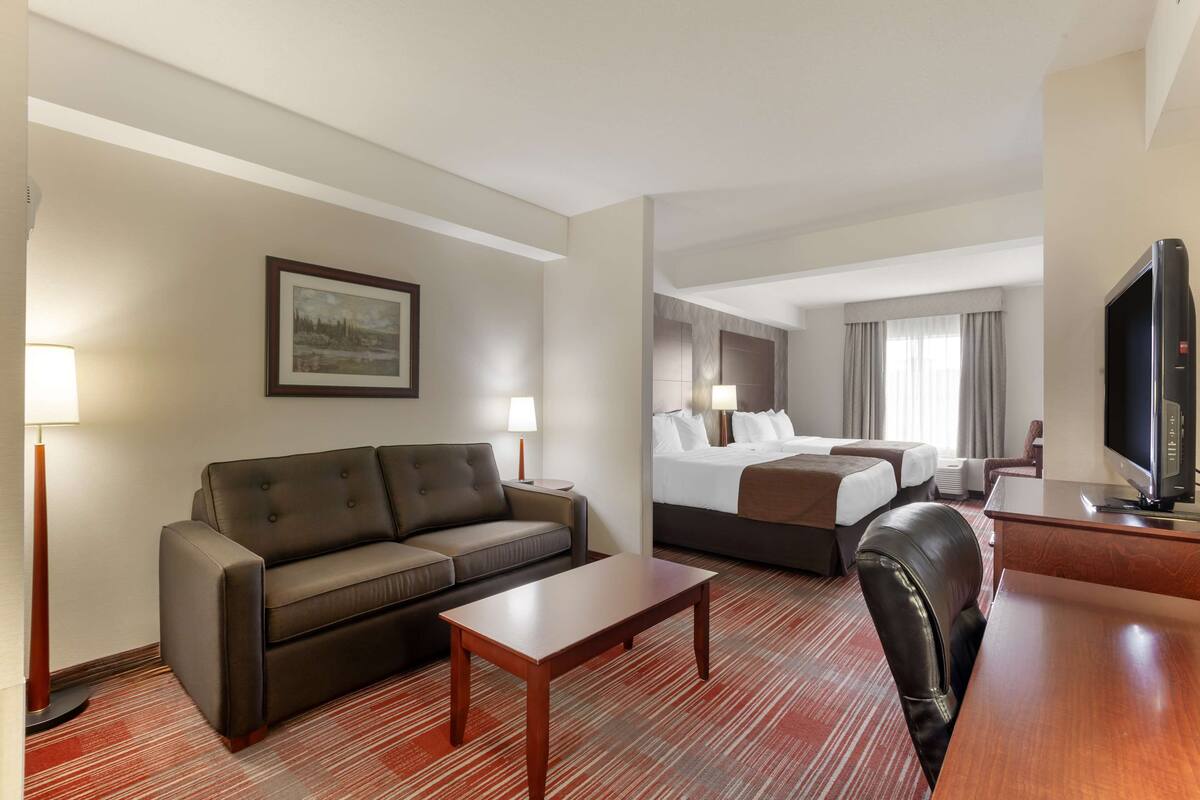 A hotel room with a sofa, a bed, a desk, a television, and a lamp.