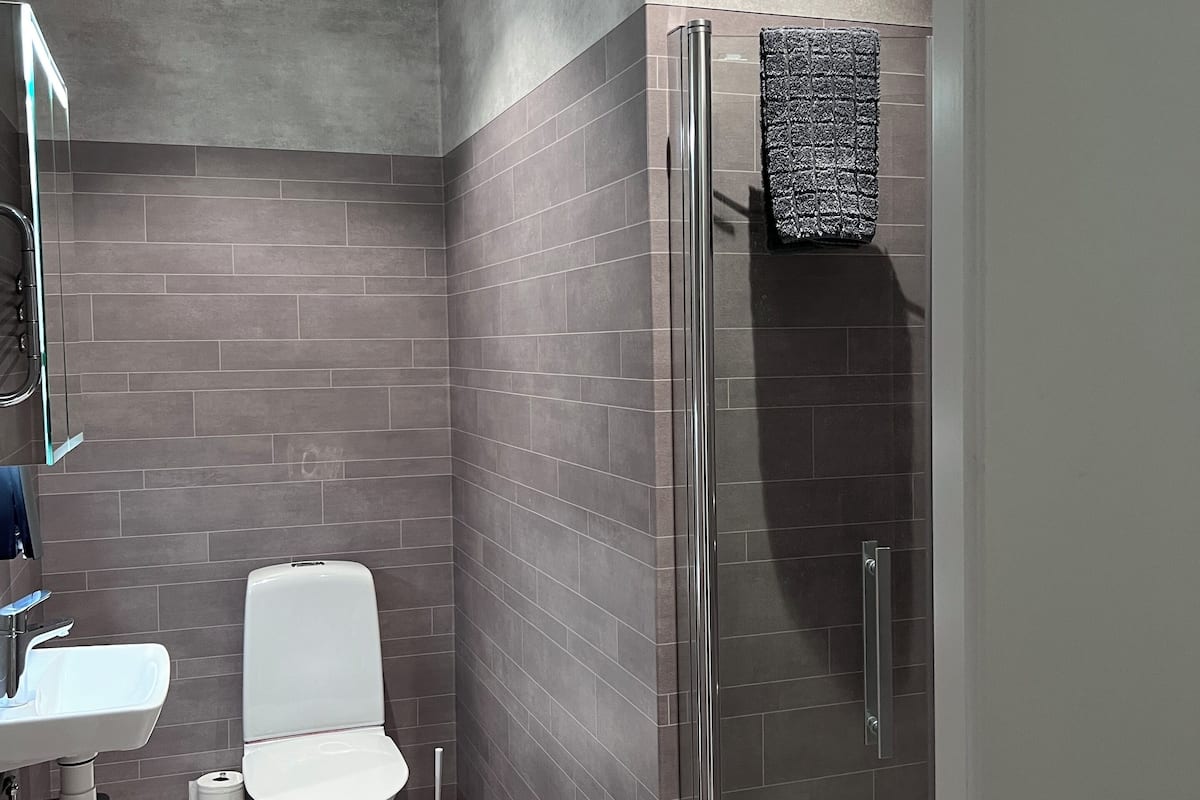 double room small | bathroom | shower, hair dryer, towels