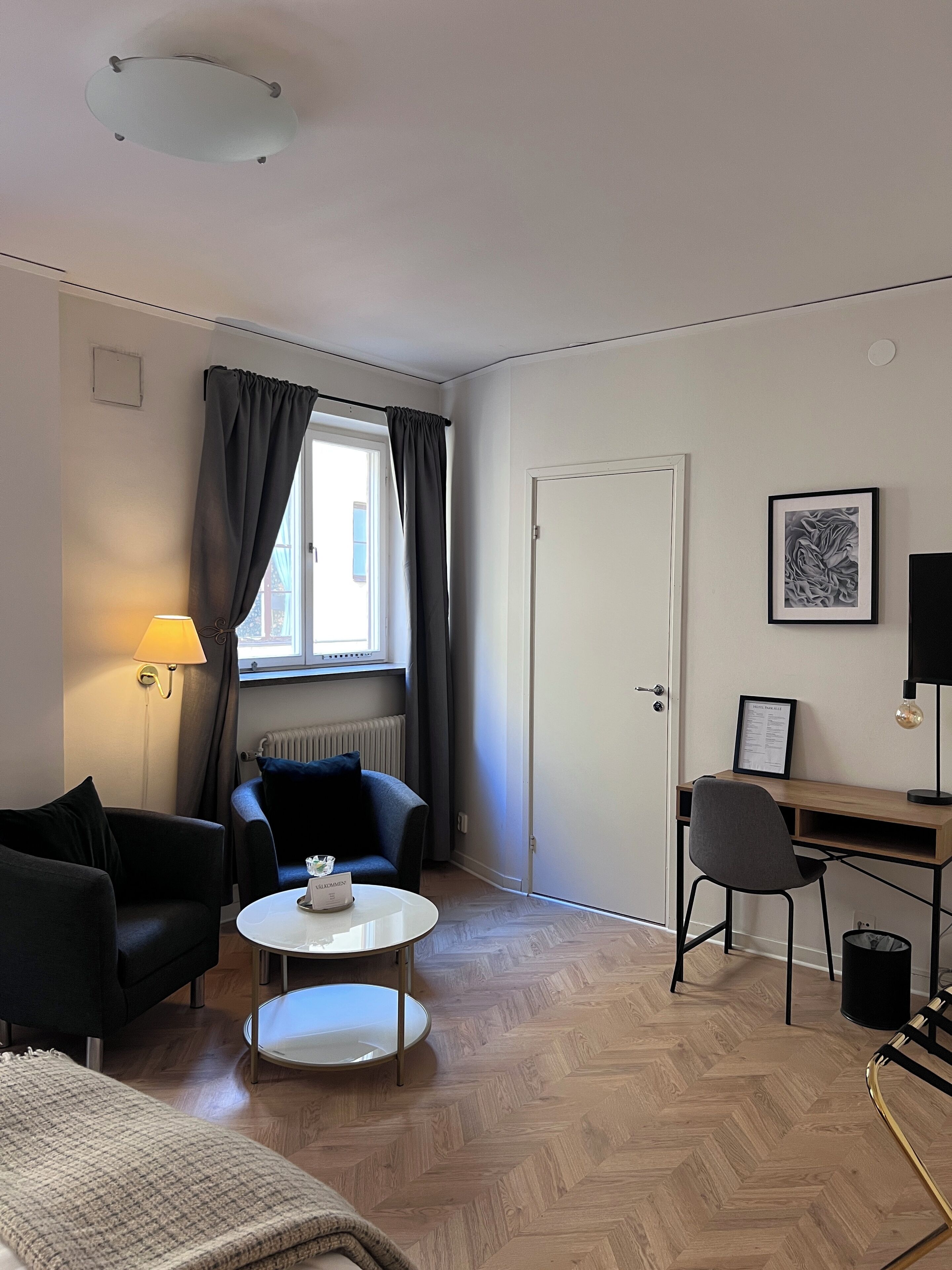 A hotel room with a sofa, a small round table, a desk with a chair, a radiator, a window with curtains, a lamp, and a framed picture on the wall.