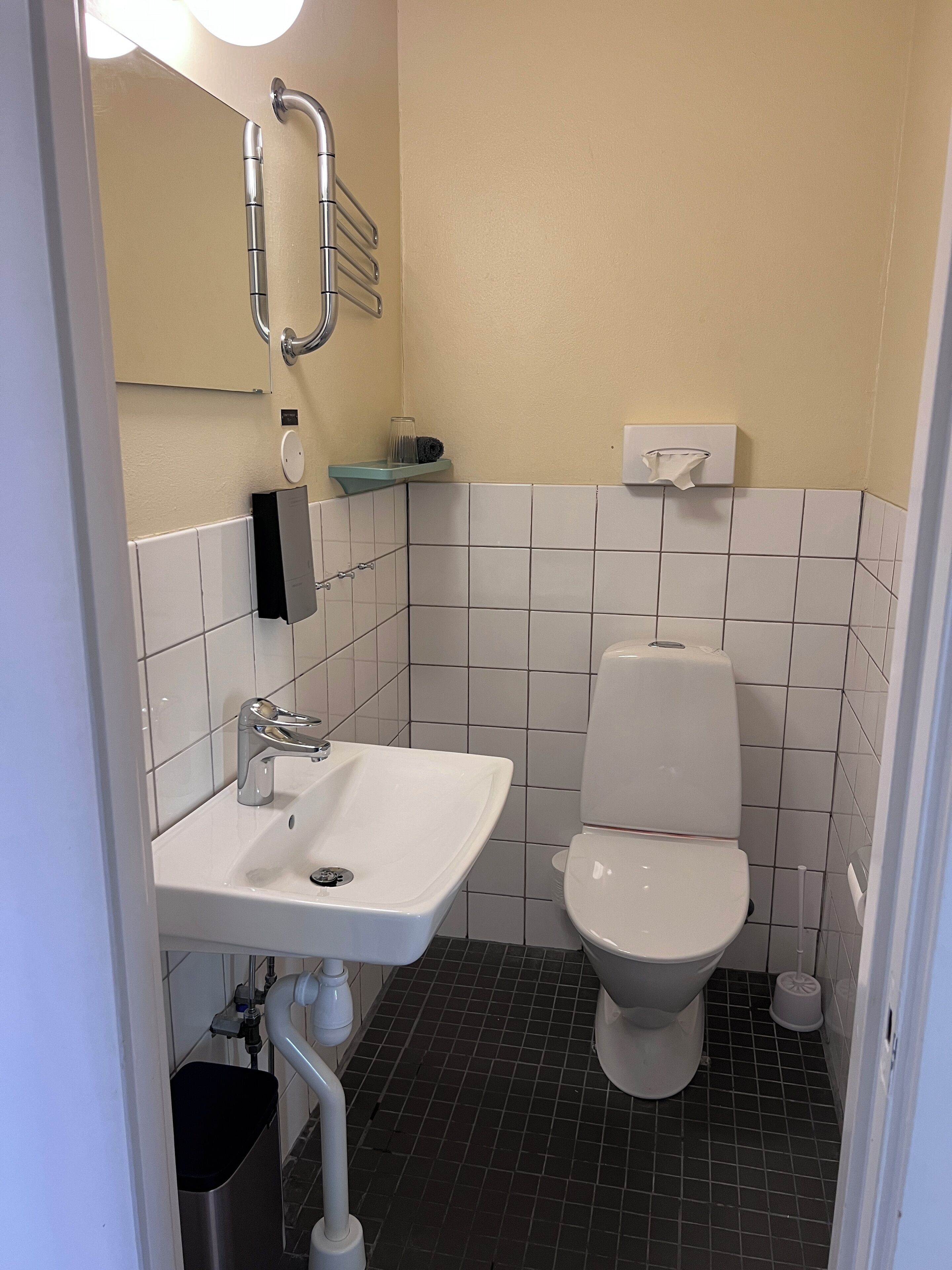 Un baño pequeño y moderno con un lavamanos blanco, un inodoro y un secamanos.