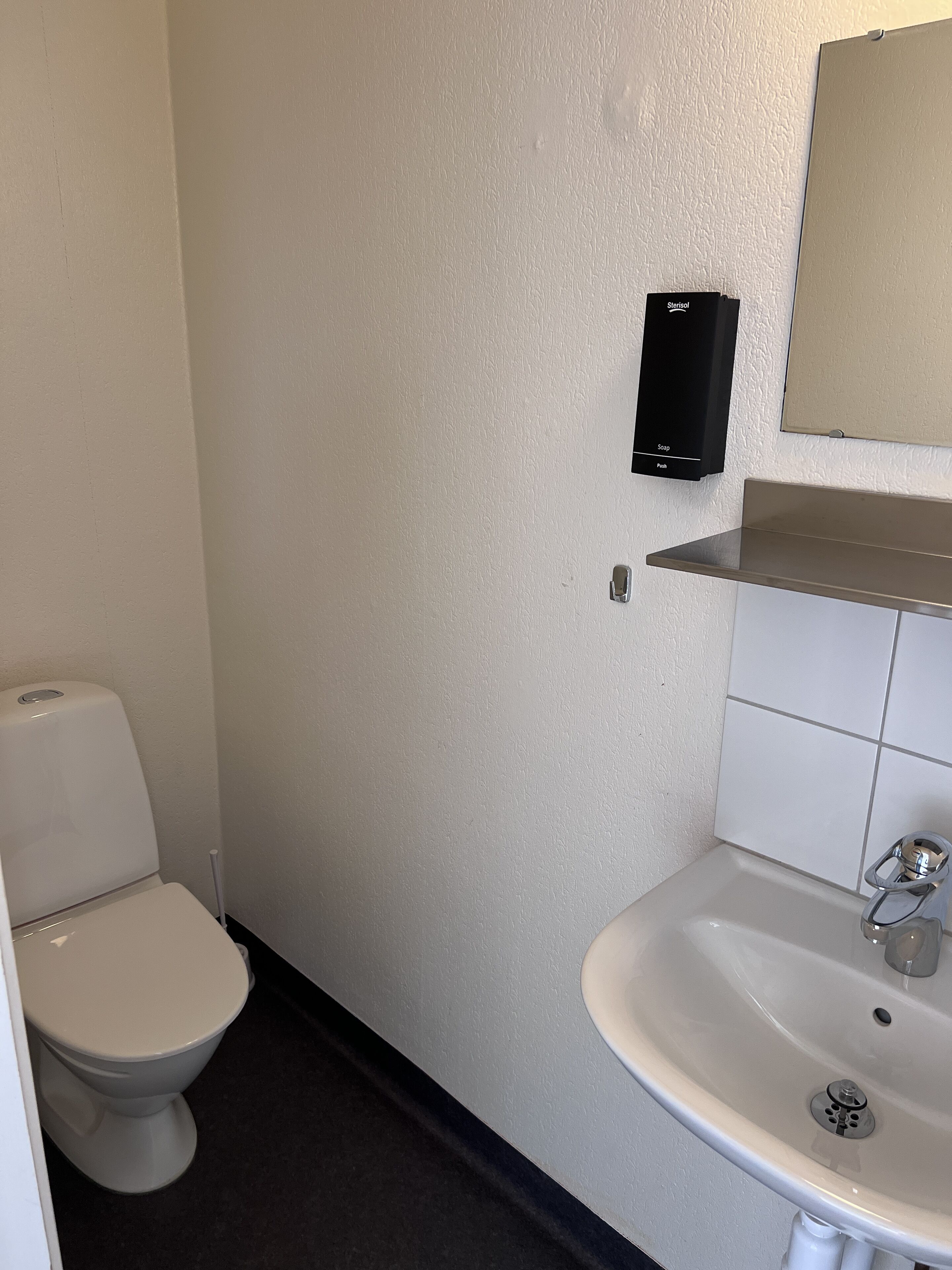 Une salle de bain équipée de toilettes, d’un lavabo et d’un distributeur de savon fixé au mur.