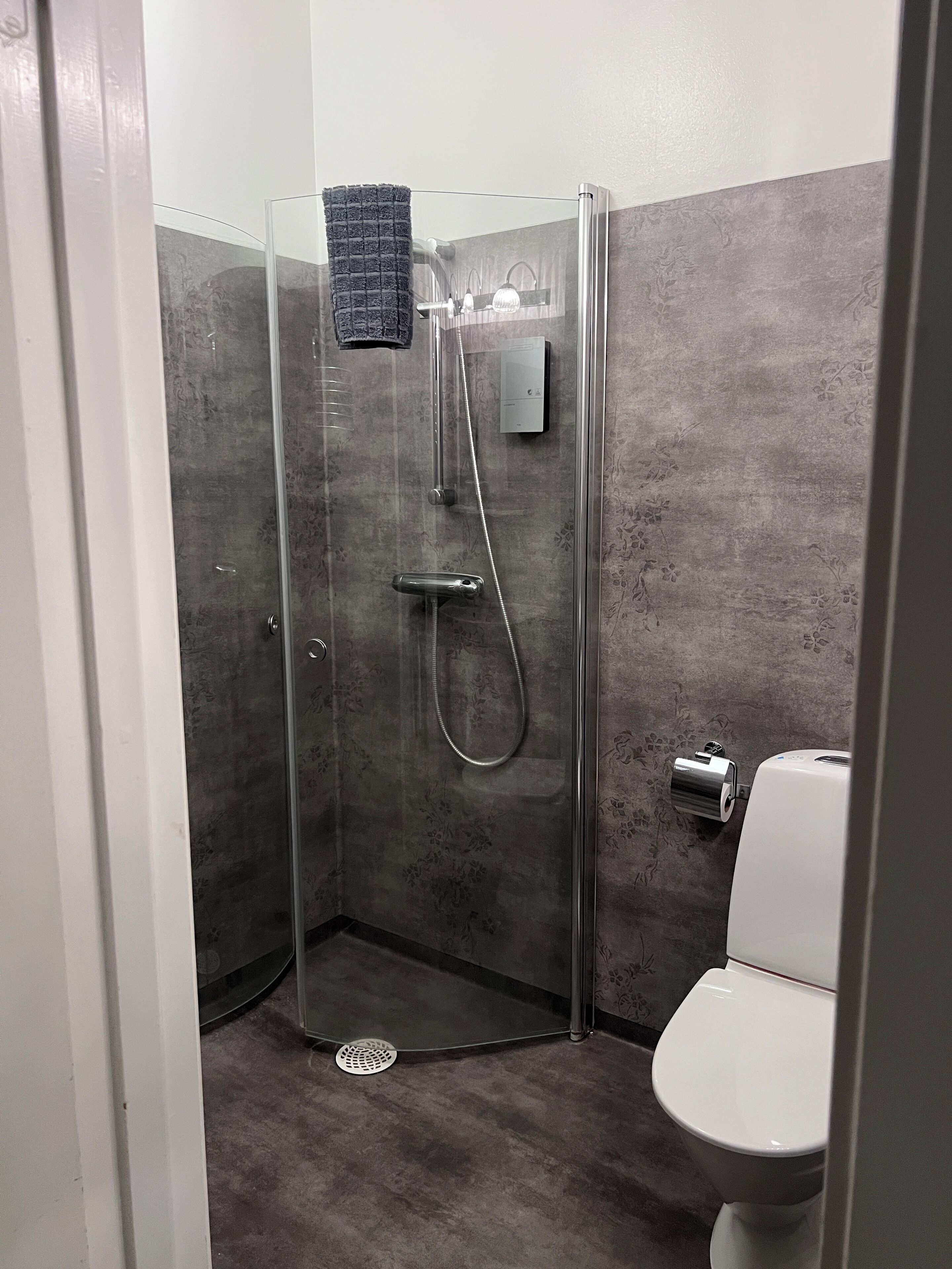 Une cabine de douche avec une porte en verre, une serviette accrochée au mur et des toilettes à côté.