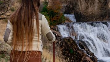 Een persoon met een wandelstok bij een waterval.