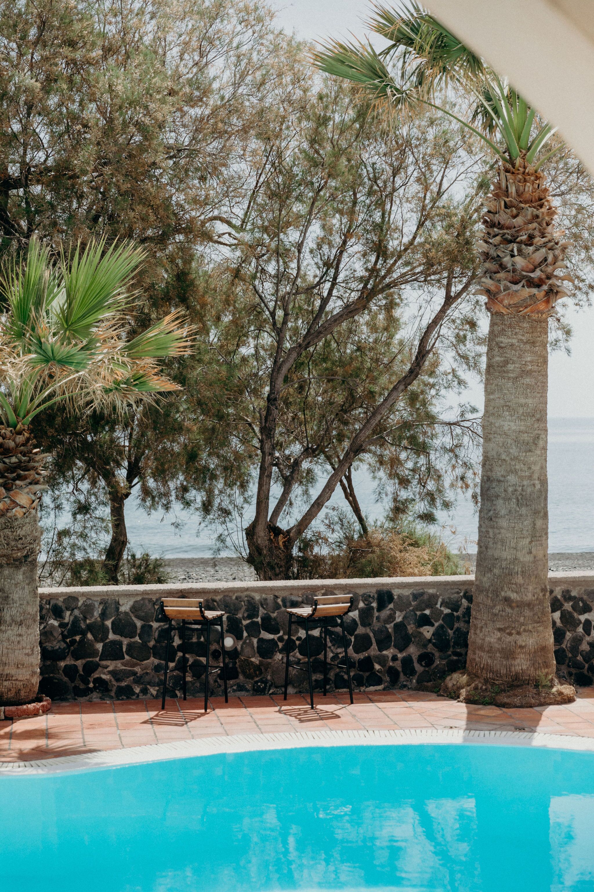 A pool area with stone walls, palm trees, and a view of the sea.