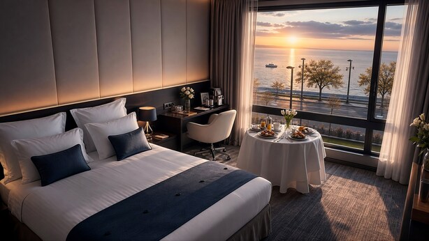 A hotel room with a large bed, a desk, a chair, a round table with breakfast items, and a view of the sunset over the water. - Kalyon Hotel Istanbul (Istanbul)