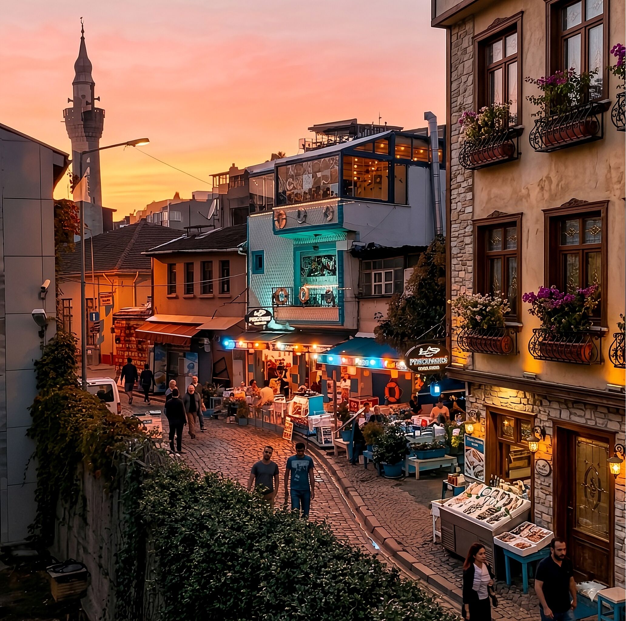 A bustling street scene with shops and a prominent clock tower.